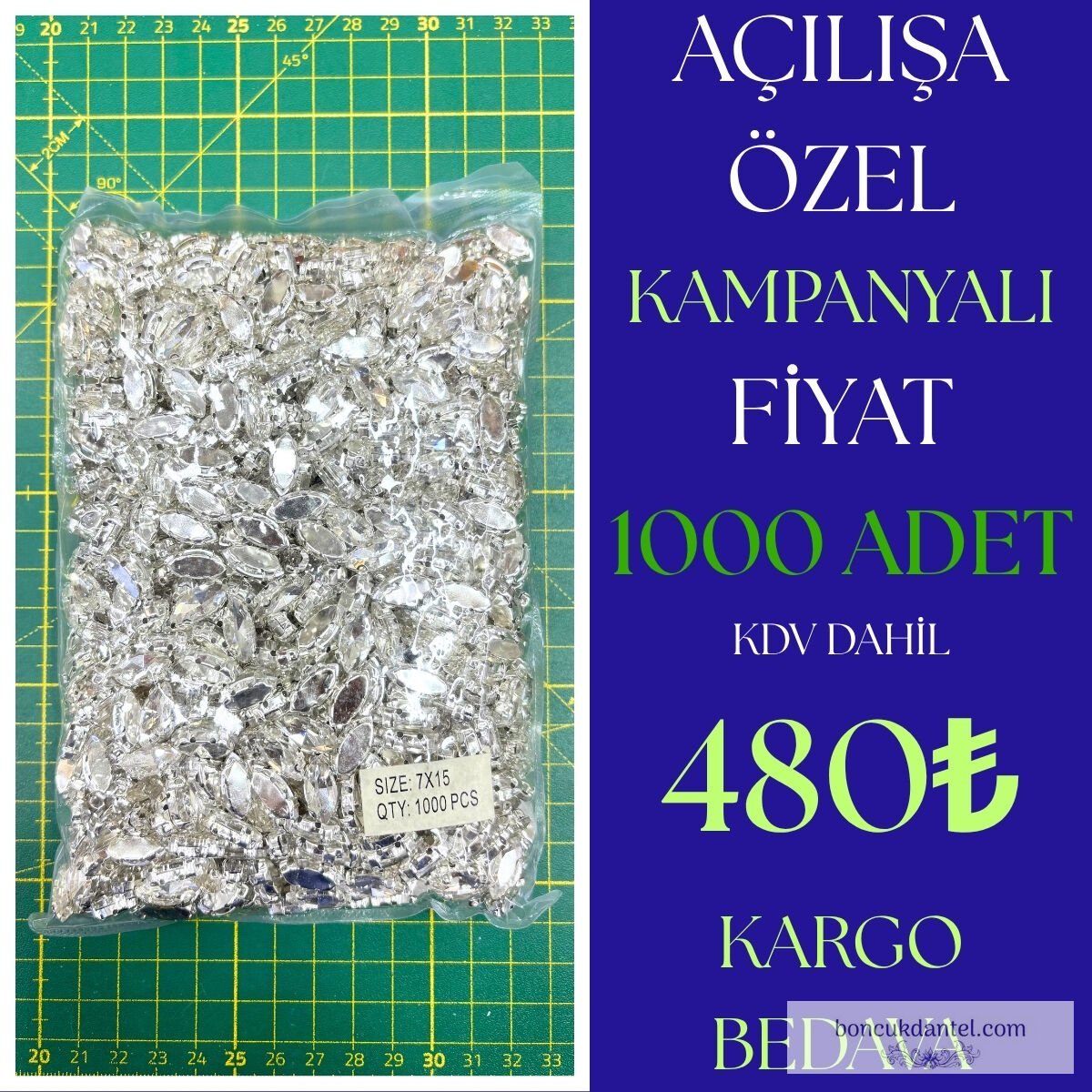 7*15 Mekik Şeklinde Gümüş Renk Kaplama Kasalı Cam Taş (1 Paket 1000 Adet'dir.) - KAMPANYALI FİYAT